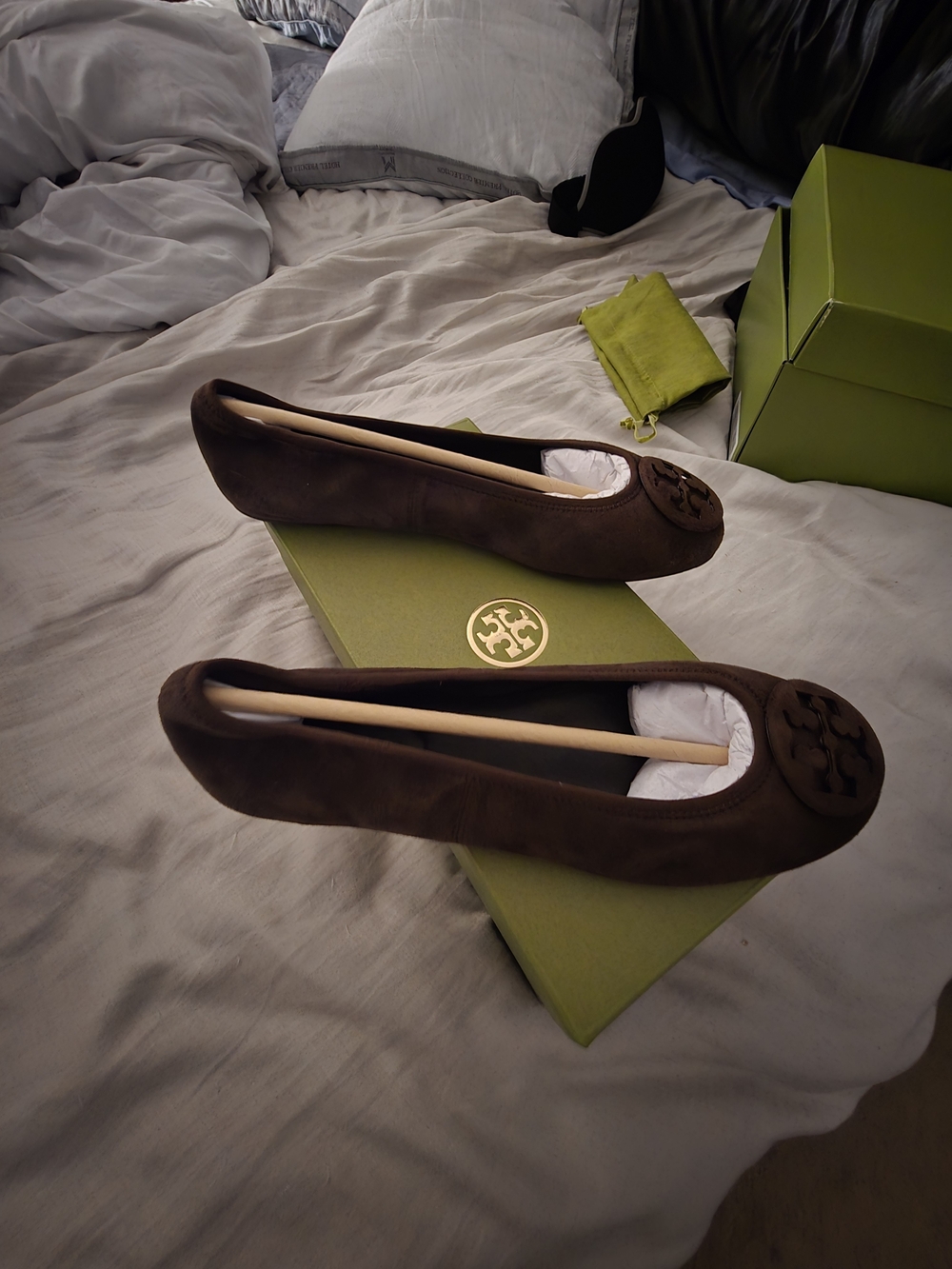 Tory Burch Chocolate Brown Suede Logo Ballet Flats